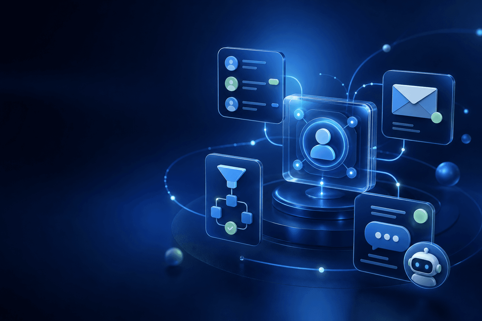 Összekapcsolt CRM, e-mail, marketing tölcsér és AI automatizálás illusztrációja
